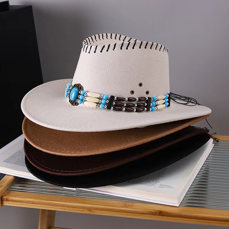 31b28b04-afc1-4706-9108-94efd1cd2a41.jpg Western Cowboy Hat Men's And Women's Gem Chain Fedora Hat - Image 1