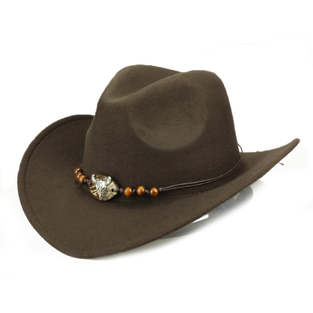 4cf4b58c-6b22-402e-8299-14183259fd45.jpg Western Cowboy Hat Wooden Bead Bull Head Fedora Hat - Image 1