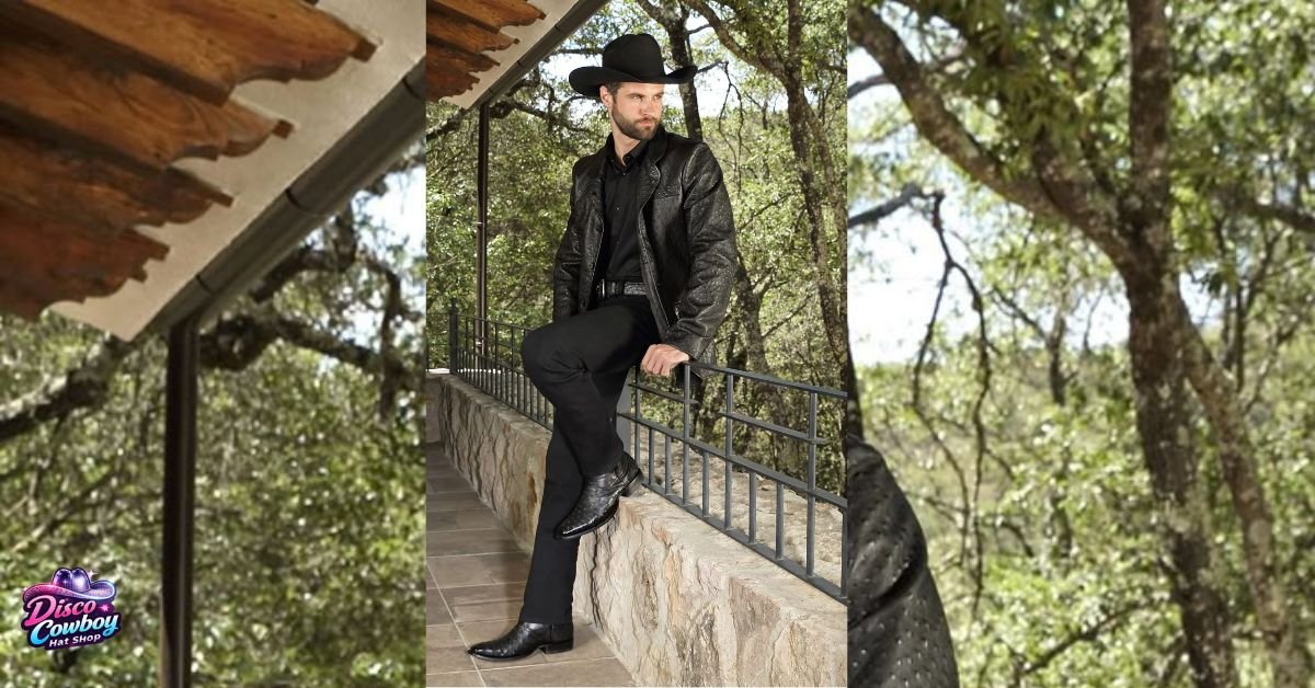 All-black statement festival outfit with black disco cowboy hat and leather styling