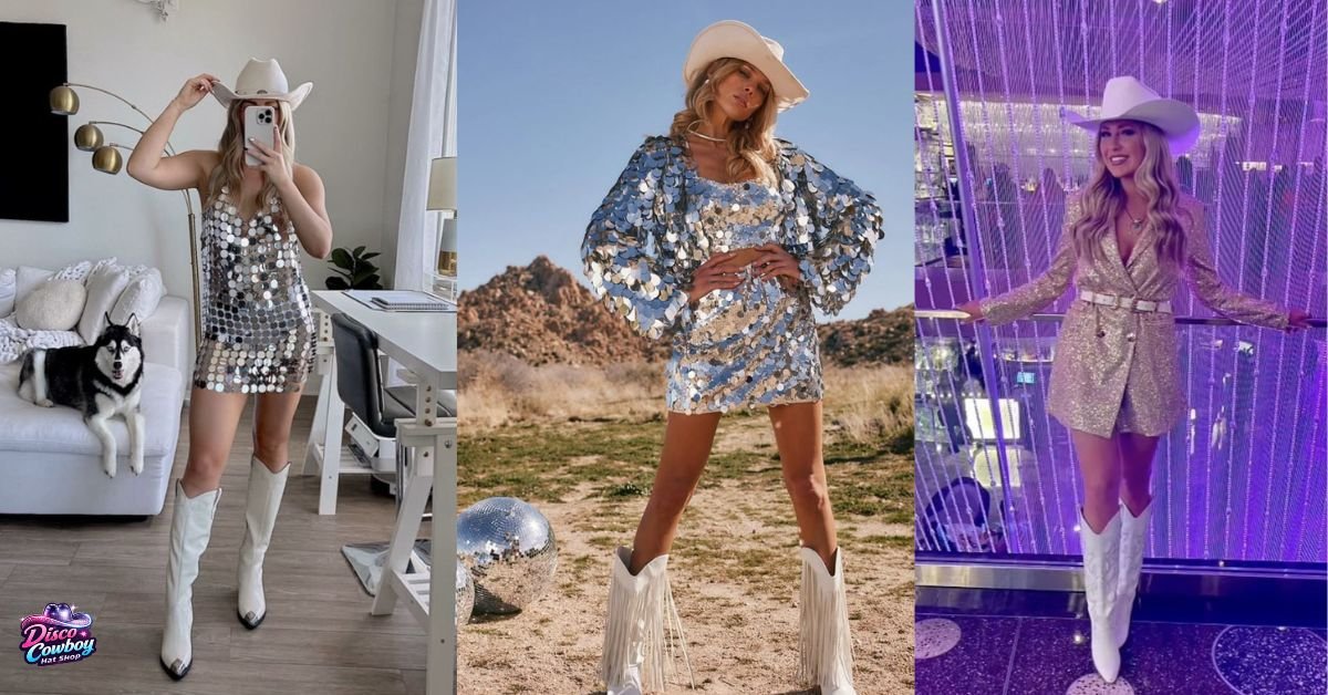 Coordinated metallic festival outfit with gold or silver disco cowboy hat and matching accessories
