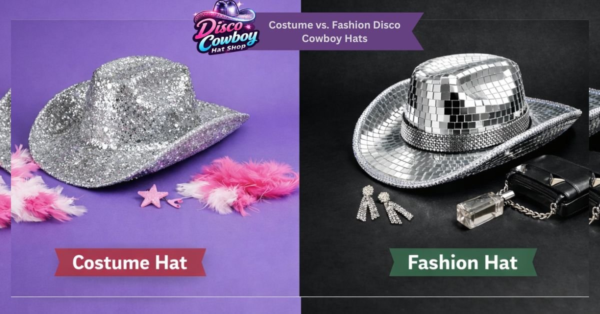 Side-by-side comparison of a cheap costume disco cowboy hat versus a premium fashion-forward disco cowboy hat, highlighting differences in material quality, structure, and modern western styling