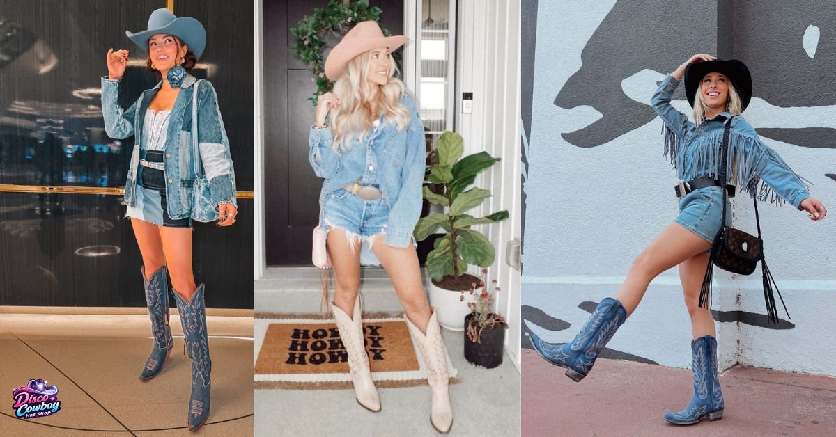Denim-on-denim festival outfit with blue disco cowboy hat, denim jacket, and matching shorts at an outdoor festival