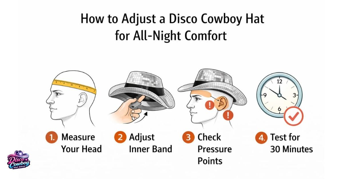 Disco cowboy hat being adjusted with a soft inner band and proper sizing for all-night comfort