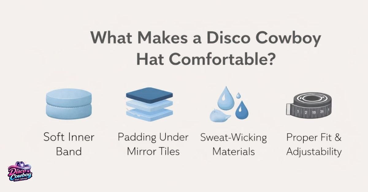 Infographic showing what makes a disco cowboy hat comfortable: soft inner band, padding under mirror tiles, sweat-wicking materials, and proper fit with adjustability