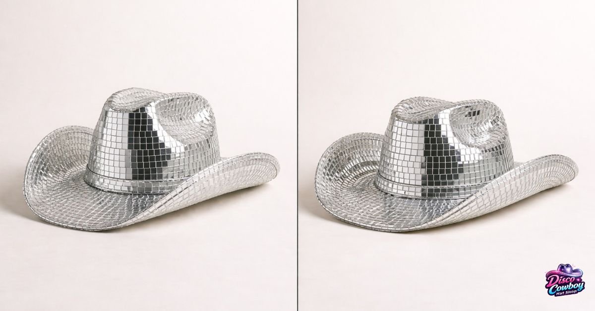 A disco cowboy hat that looks premium but shows weak construction, compared with a well-built durable disco cowboy hat