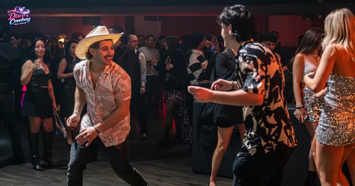 Man wearing a white disco cowboy hat dancing at a lively festival or party with people in sparkly outfits and stylish clothing.