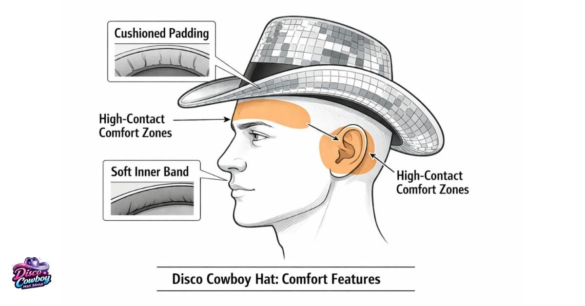 Infographic showing forehead and ear protection in a disco cowboy hat: padded inner band, side padding, and brim design for all-night comfort