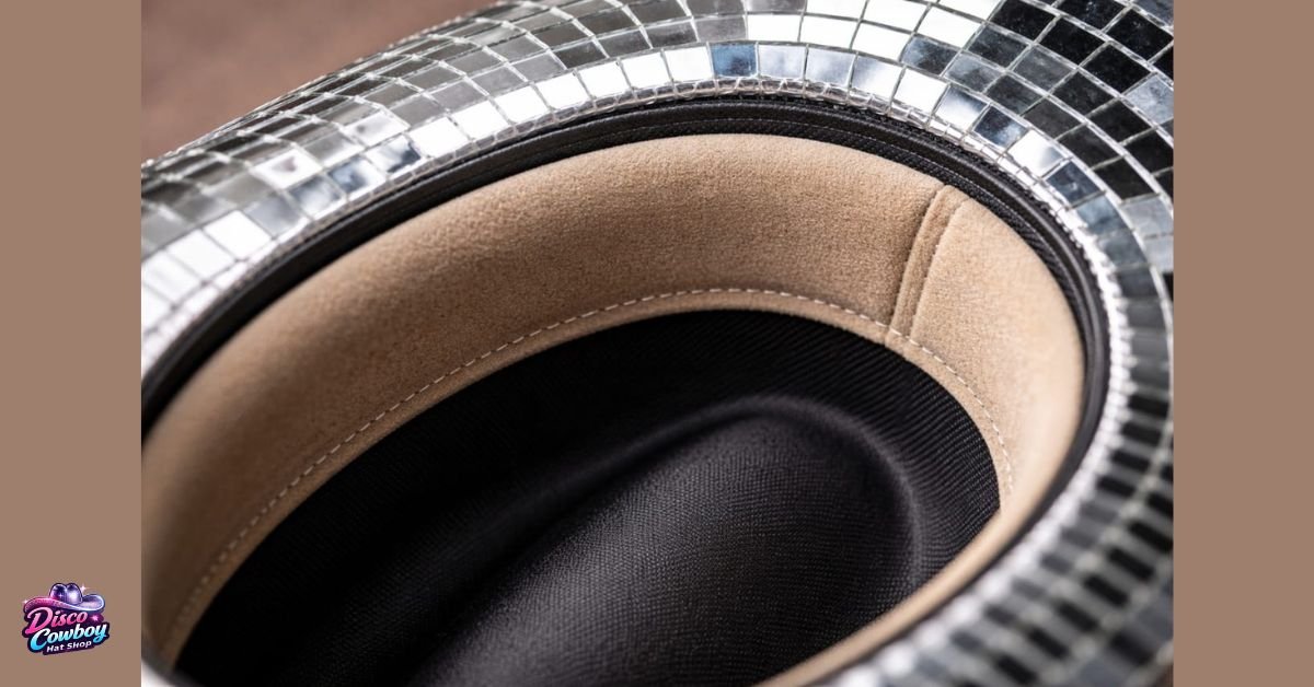 Close-up of a disco cowboy hat showing a soft, padded inner band for comfort and sweat absorption