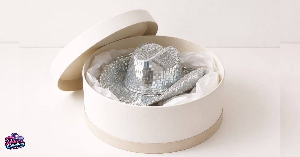 Proper storage of a mirror tile disco cowboy hat in a structured hat box with tissue support to prevent tile lifting and damage