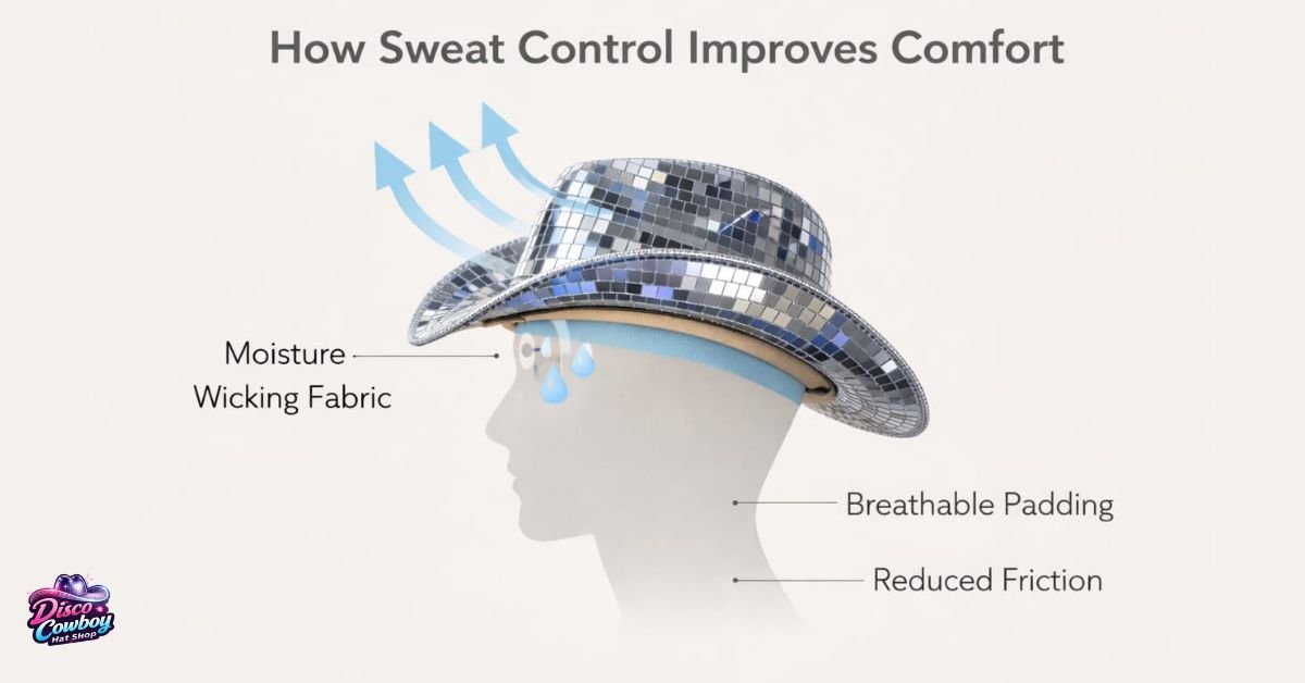 Infographic showing how sweat control improves comfort in a disco cowboy hat with airflow, moisture-wicking inner band, and breathable padding