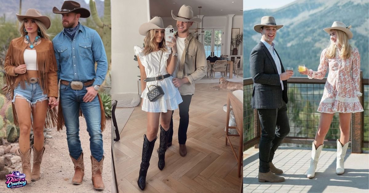 Group festival outfits with coordinated disco cowboy hats and matching color palettes