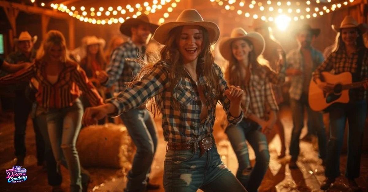 High-energy dance floor festival outfit with holographic disco cowboy hat under stage lights