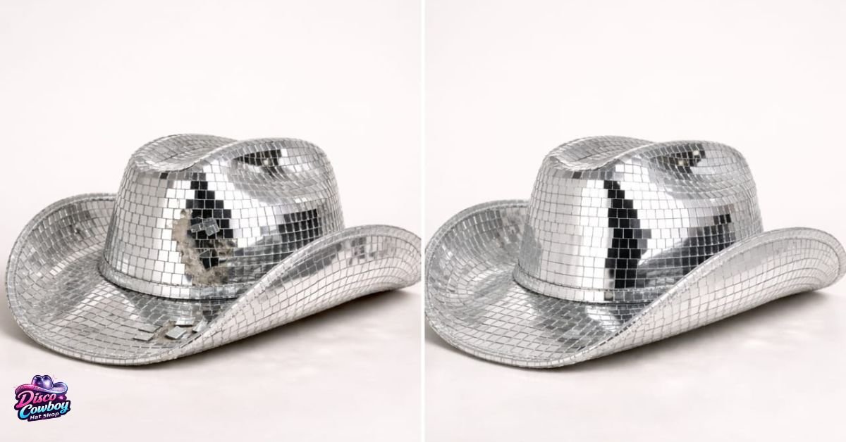 Premium disco cowboy hat showing secure mirror tiles with flexible adhesive, precise placement, and edge sealing