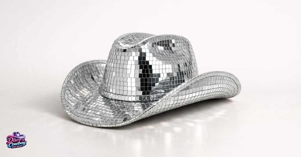 Disco cowboy hat with mirror tiles being carefully maintained to prevent falling off