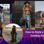 How to style a disco cowboy hat with a leather blazer and modern denim outfit for a chic festival look