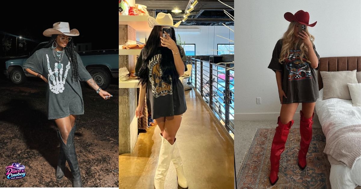 Relaxed daytime festival outfit with lightweight disco cowboy hat, oversized tee, and biker shorts