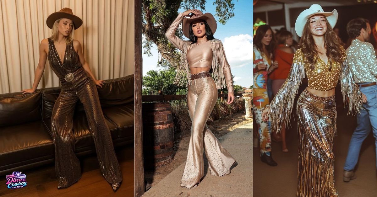 Retro-inspired festival outfit with mirror disco cowboy hat, flared pants, and halter top