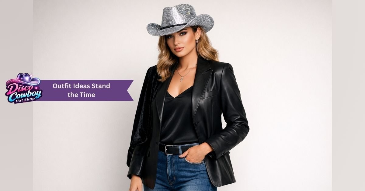 Disco cowboy hat styled with a leather blazer, luxe fabrics, and a well-fitted outfit, showcasing modern western fashion, western luxe textures, and balanced silhouettes