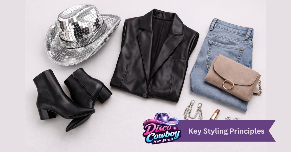Disco cowboy hat styled with a leather blazer, denim, and minimal accessories, showcasing modern western fashion, western luxe textures, and balanced silhouettes for a timeless look