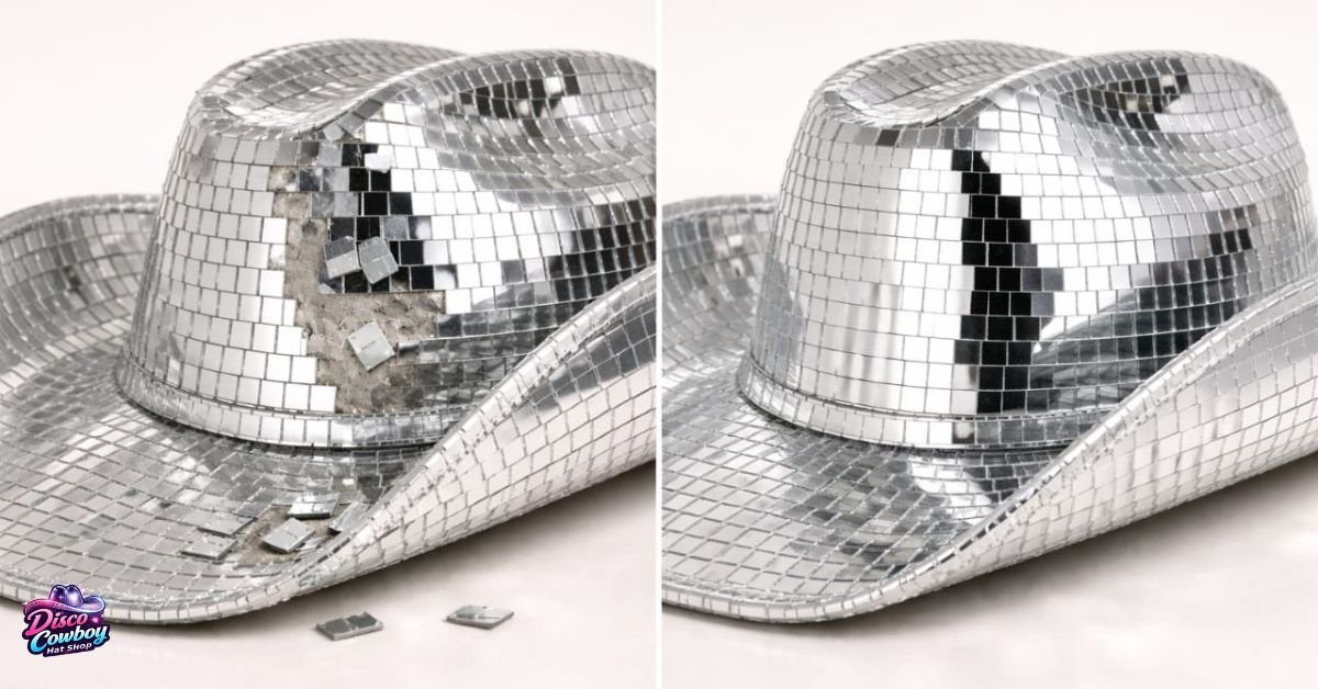 Close-up of mirror tiles on a disco cowboy hat showing common causes of lifting or falling, including adhesive and alignment issues
