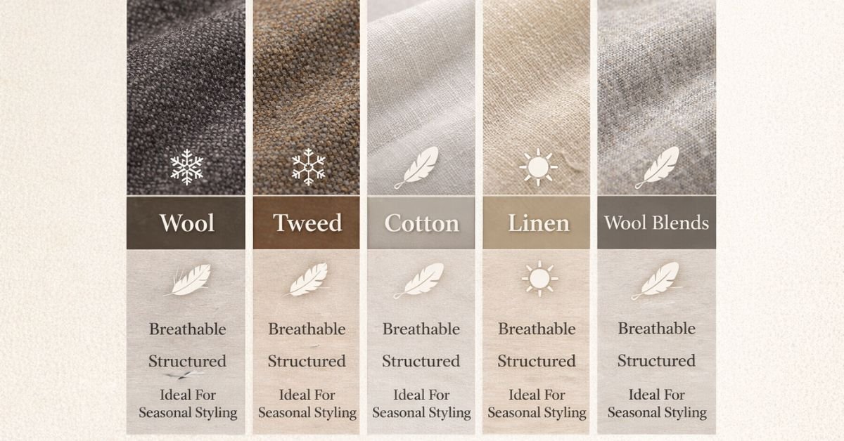 Infographic showing flat cap fabrics including wool, tweed, cotton, linen, and wool blends with season, breathability, structure, and ideal usage.