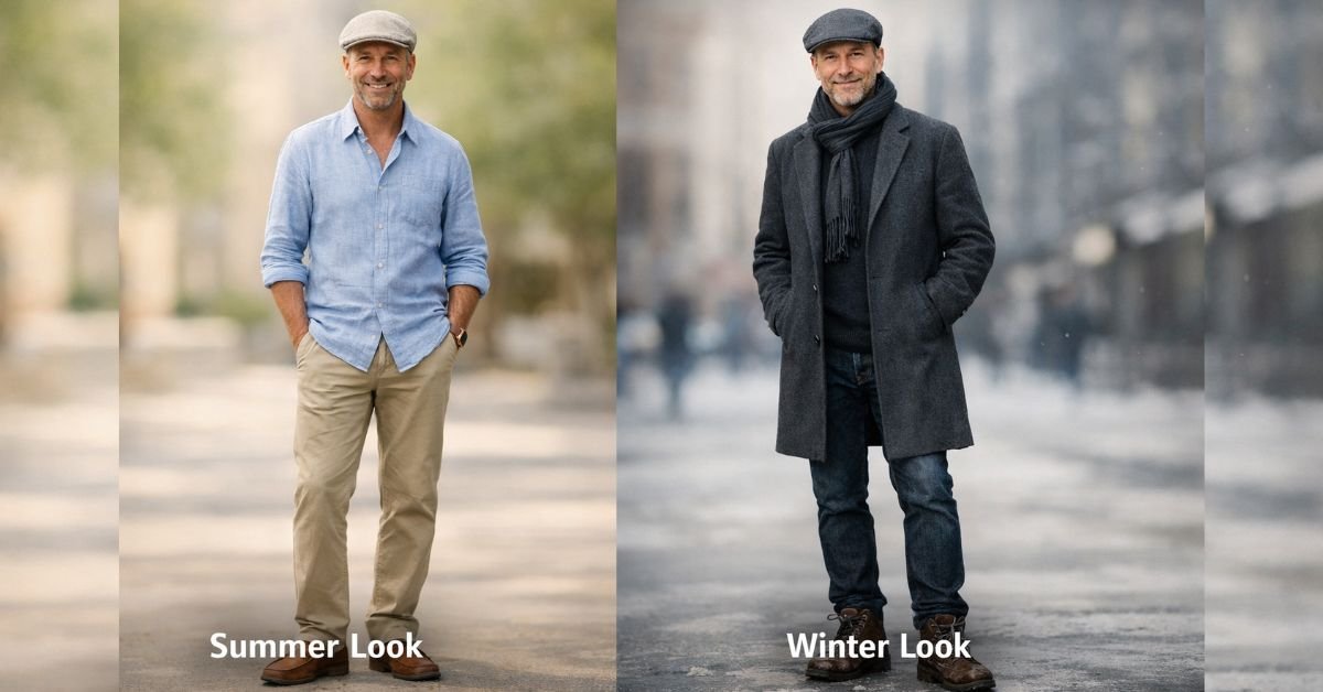 Side-by-side comparison of summer and winter flat cap outfits: man wearing linen flat cap with lightweight summer clothing on the left, and wool flat cap with winter coat, scarf, and boots on the right.