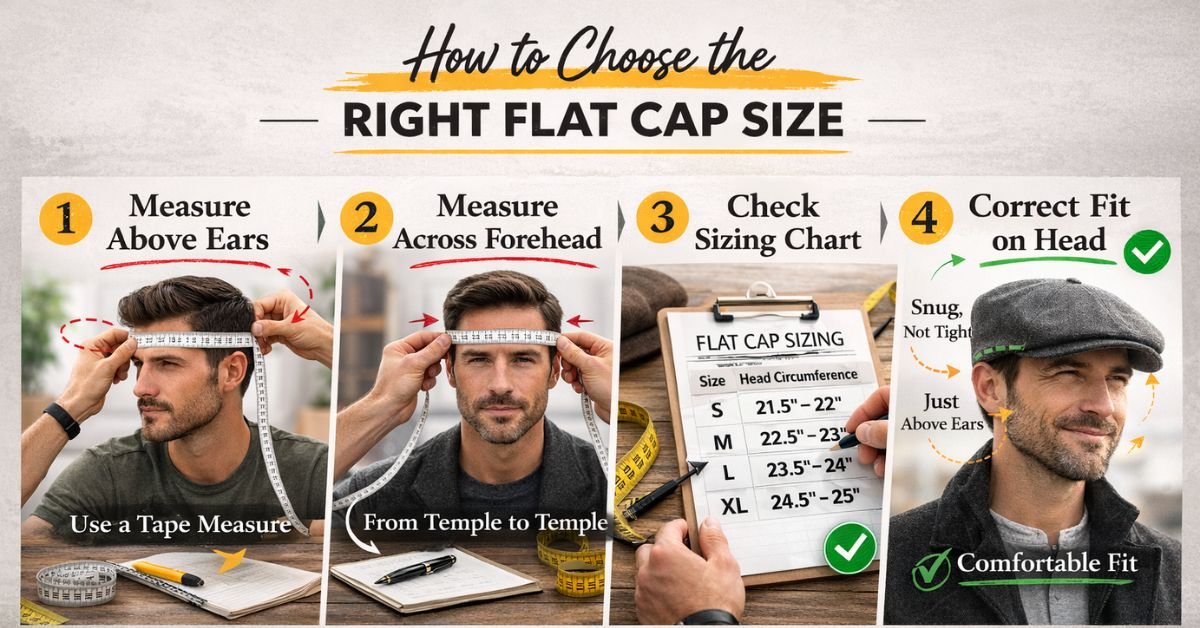 Step-by-step visual guide showing how to measure your head for a flat cap, including tape placement above ears, across forehead, and checking sizing chart for correct fit.