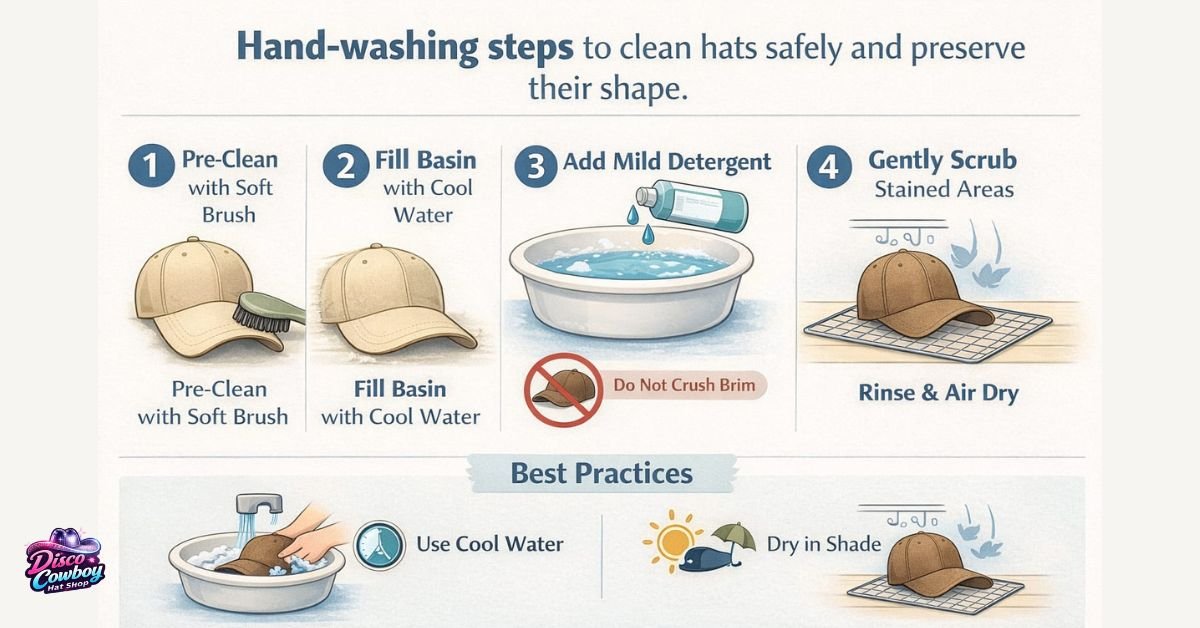 Step-by-step guide showing how to hand-wash hats safely without ruining shape or color
