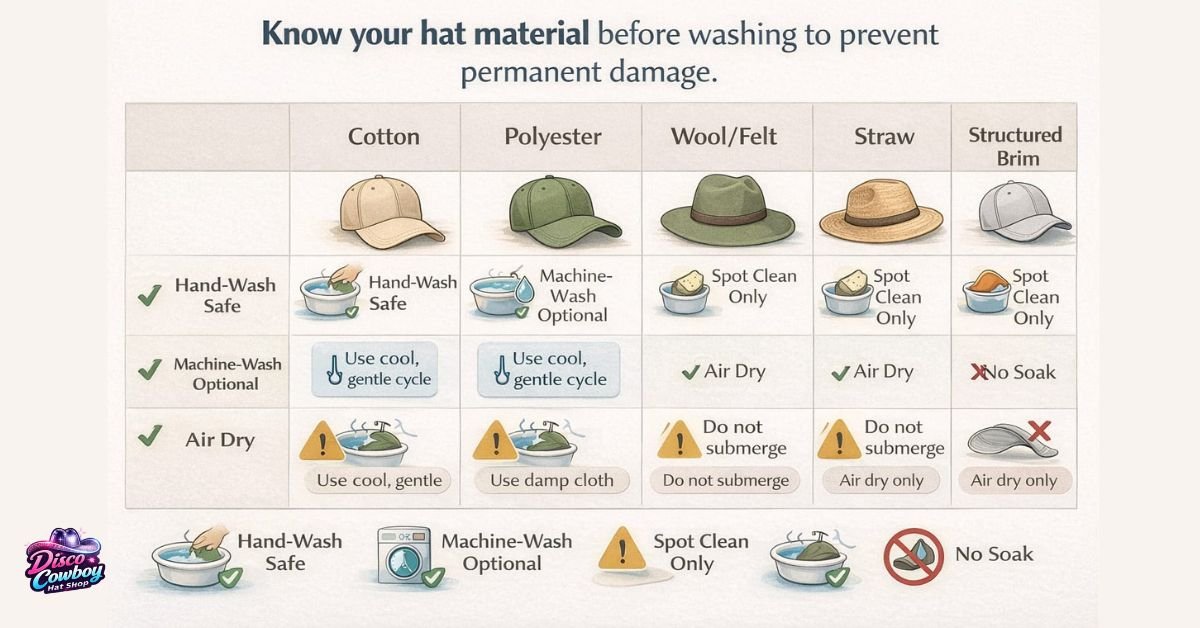 Guide showing how to wash different hat materials safely without ruining them