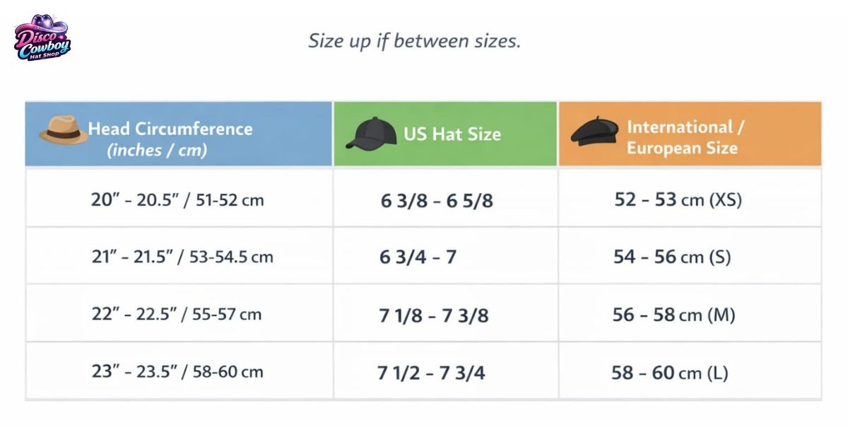 Hat size chart and conversion table in inches and centimeters