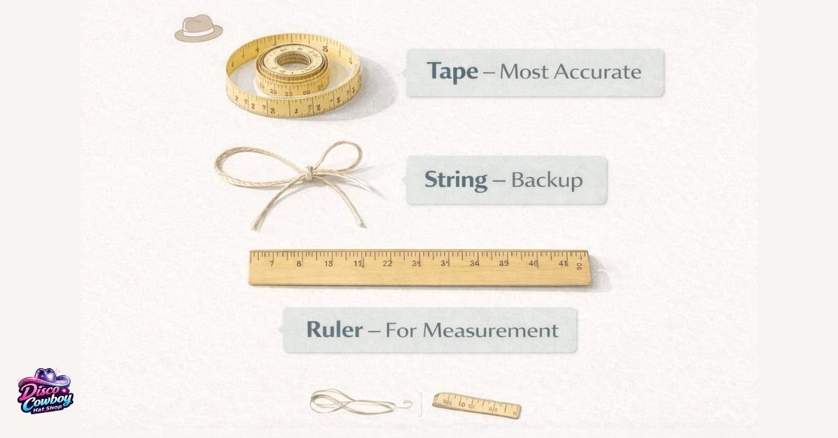 Tools needed to measure hat size including soft tape, string, and ruler