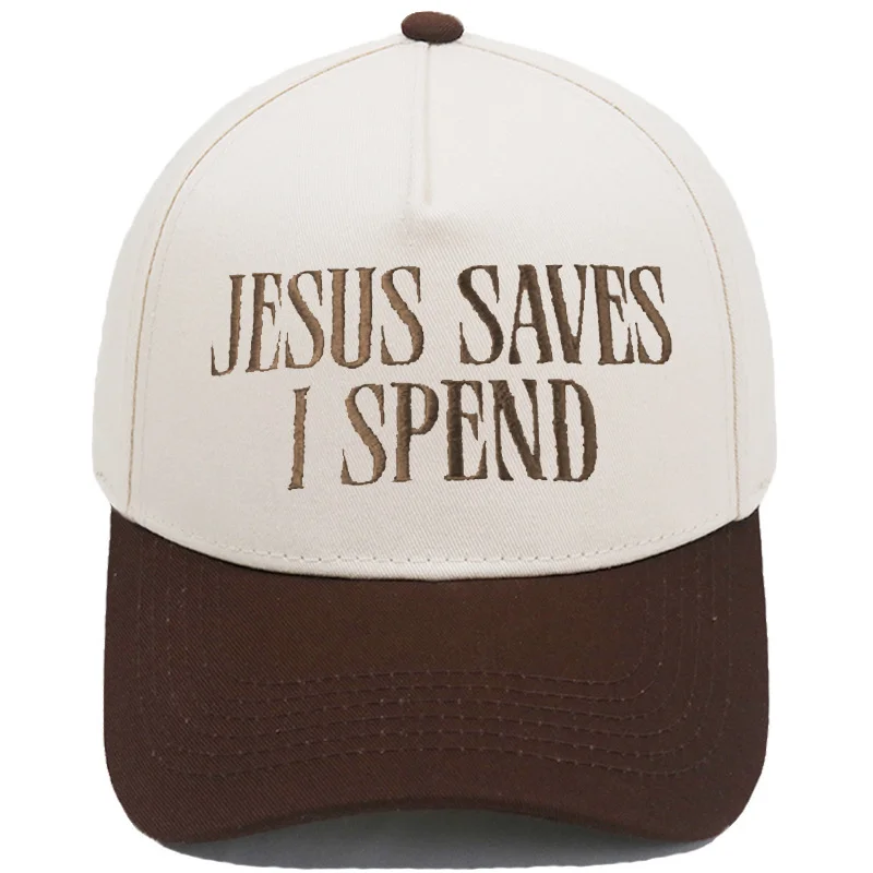 trucker-hat-jesus-saves-embroidered Embroidered trucker hat with mesh back and color-block design