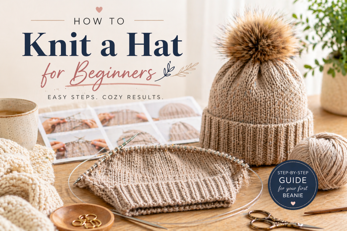 How to knit a hat for beginners step-by-step guide showing a knitted beanie on needles