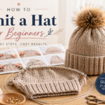 How to knit a hat for beginners step-by-step guide showing a knitted beanie on needles