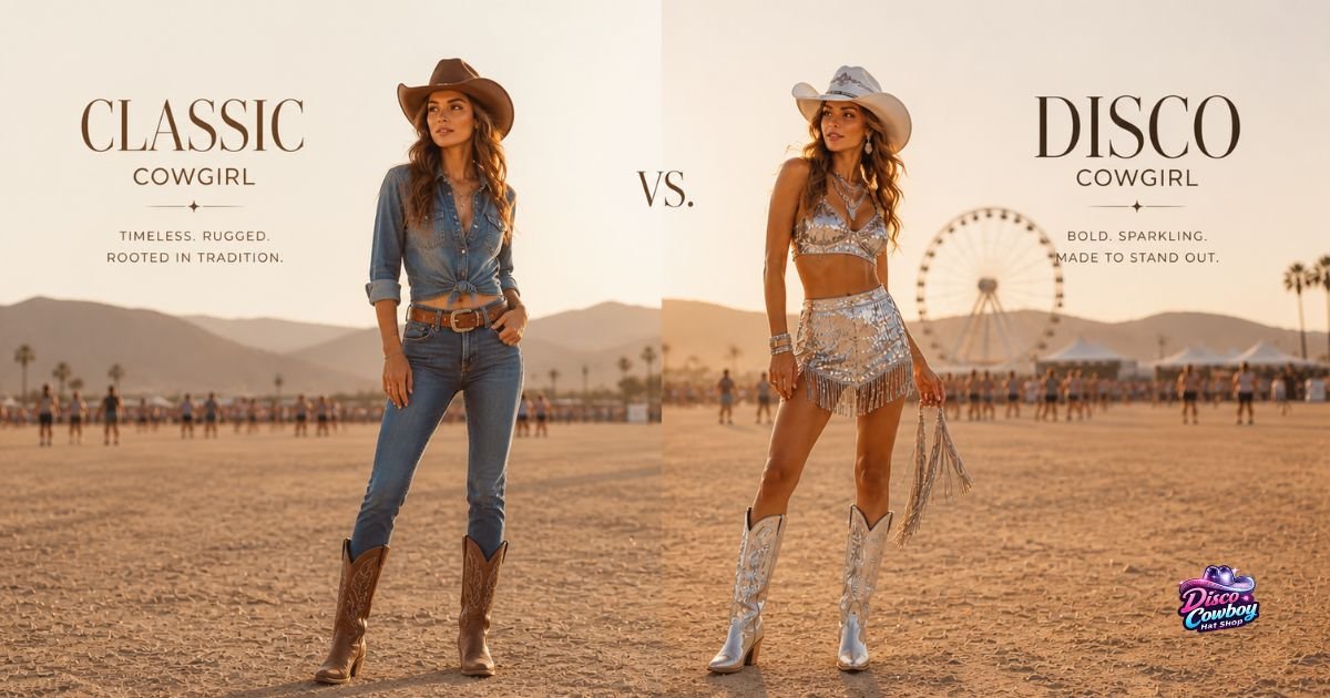 Classic cowgirl outfit vs disco western Coachella fashion style comparison in desert editorial scene