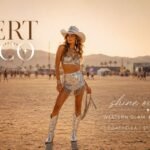 Disco cowboy Coachella outfit with metallic silver boots and rhinestone details in desert festival sunset