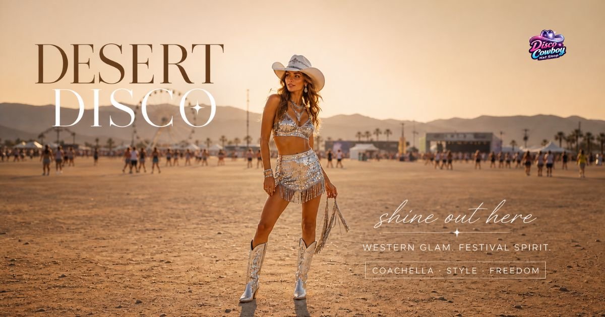 Disco cowboy Coachella outfit with metallic silver boots and rhinestone details in desert festival sunset