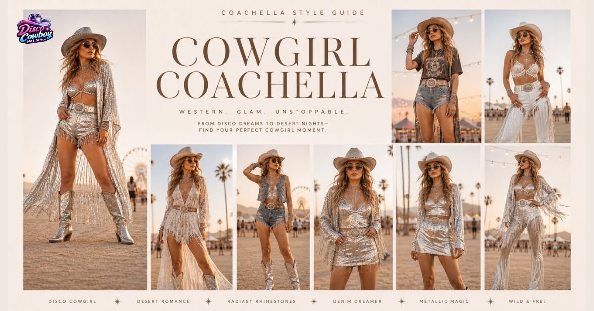 Pinterest style cowboy Coachella outfit inspiration grid with western glam festival looks