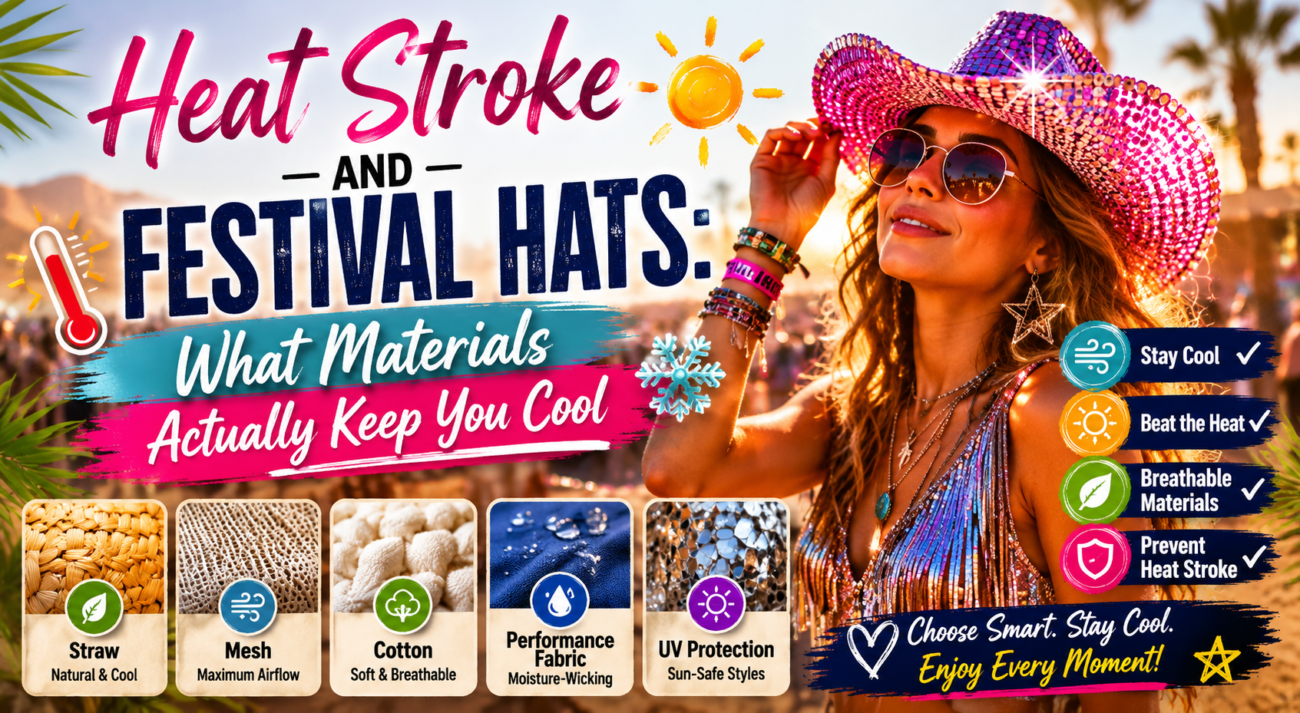 Festival-goer wearing a breathable disco cowboy hat designed to reduce heat buildup and improve airflow during hot summer events.
