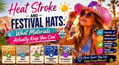 Festival-goer wearing a breathable disco cowboy hat designed to reduce heat buildup and improve airflow during hot summer events.