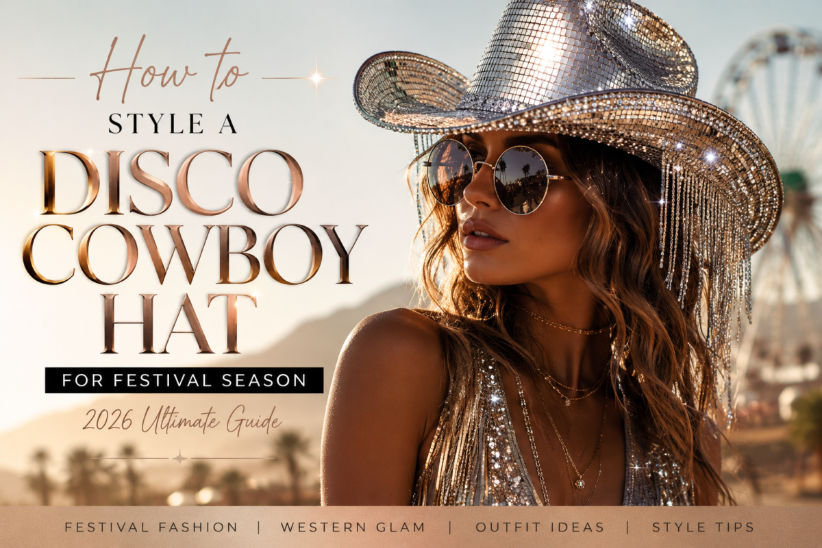 Fashion editorial cover showing how to style a disco cowboy hat for festival season 2026 with a glamorous western disco outfit