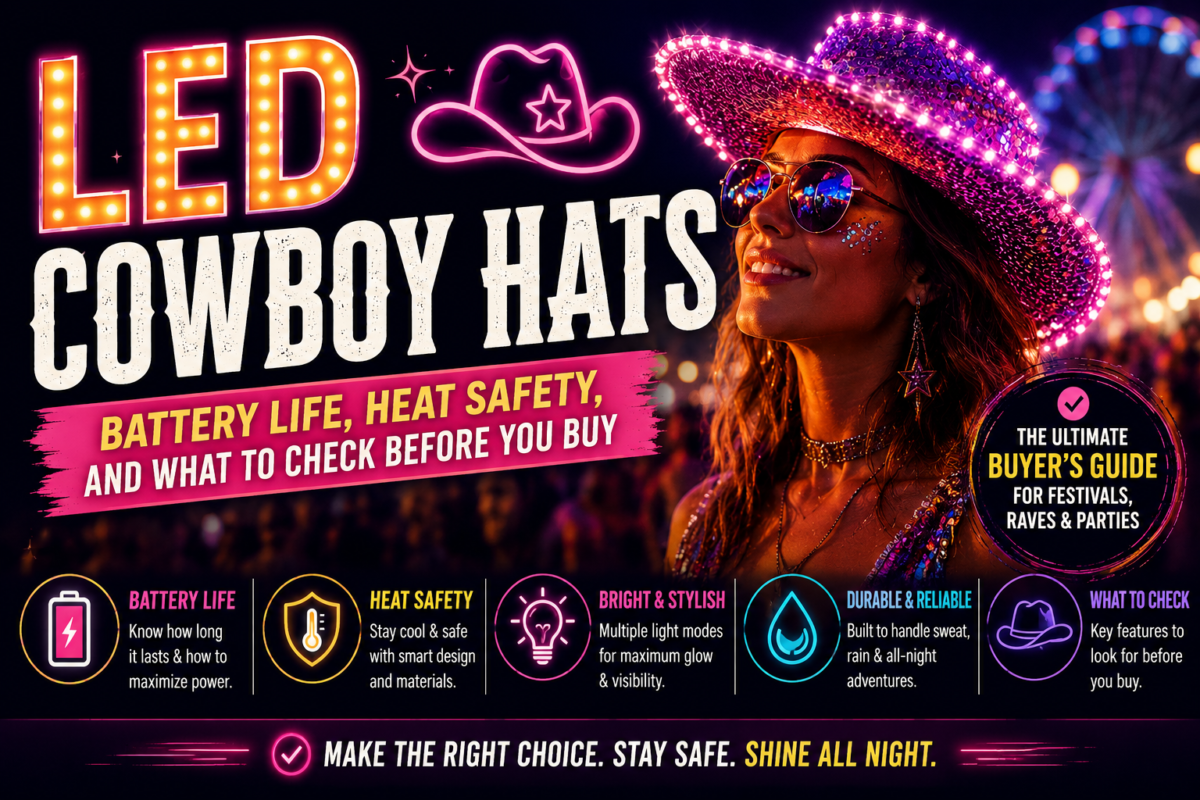 Woman wearing stylish LED cowboy hat at a nighttime music festival