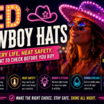 Woman wearing stylish LED cowboy hat at a nighttime music festival