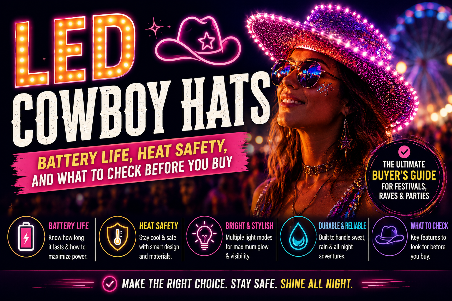Woman wearing stylish LED cowboy hat at a nighttime music festival