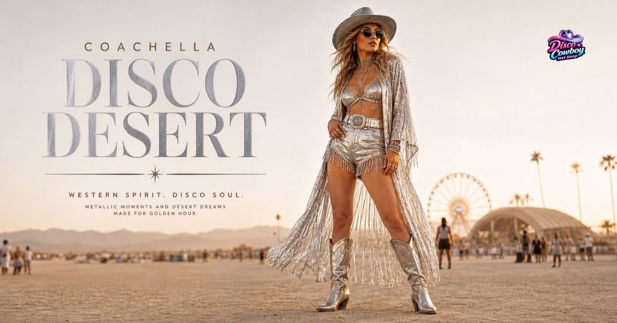 Metallic cowgirl Coachella outfit with silver cowboy boots in desert festival lighting
